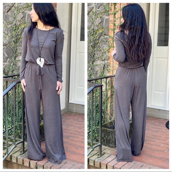 07 CHARCOAL GRAY FABULOUS WIDE LEG POCKETS JUMPSUIT - Picture 3 of 7